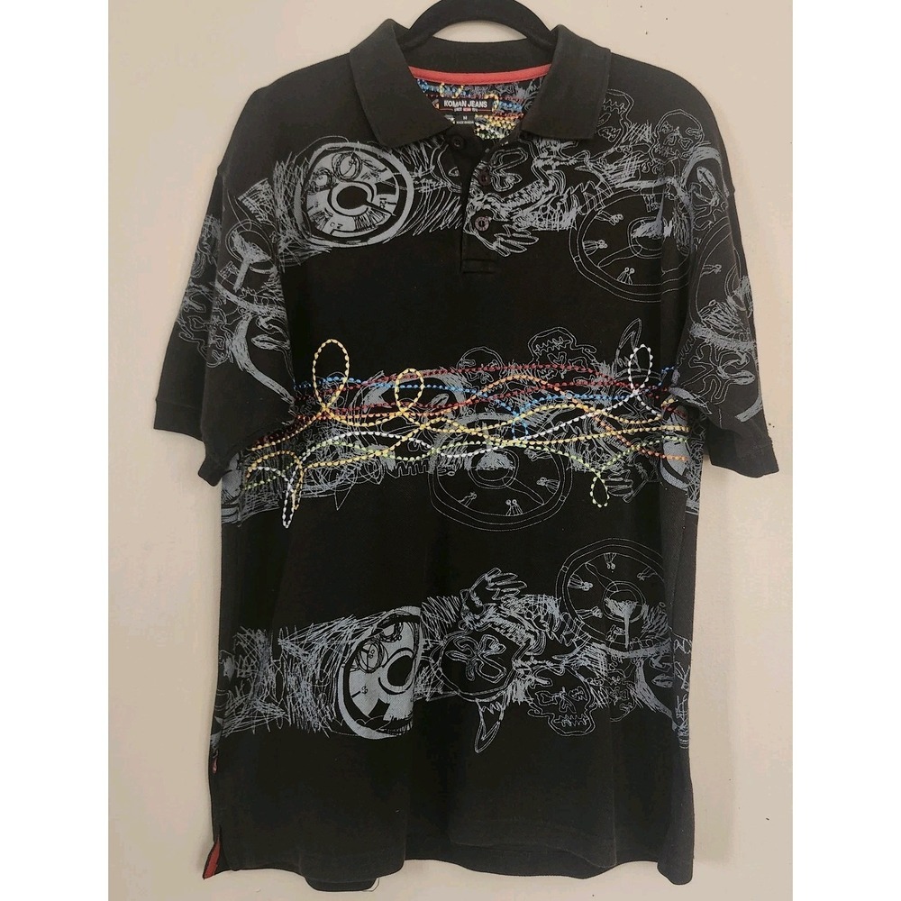 Koman Jeans Mens M Black Polo Shirt Y2K Rainbow Embroidered Artsy Short Sleeve